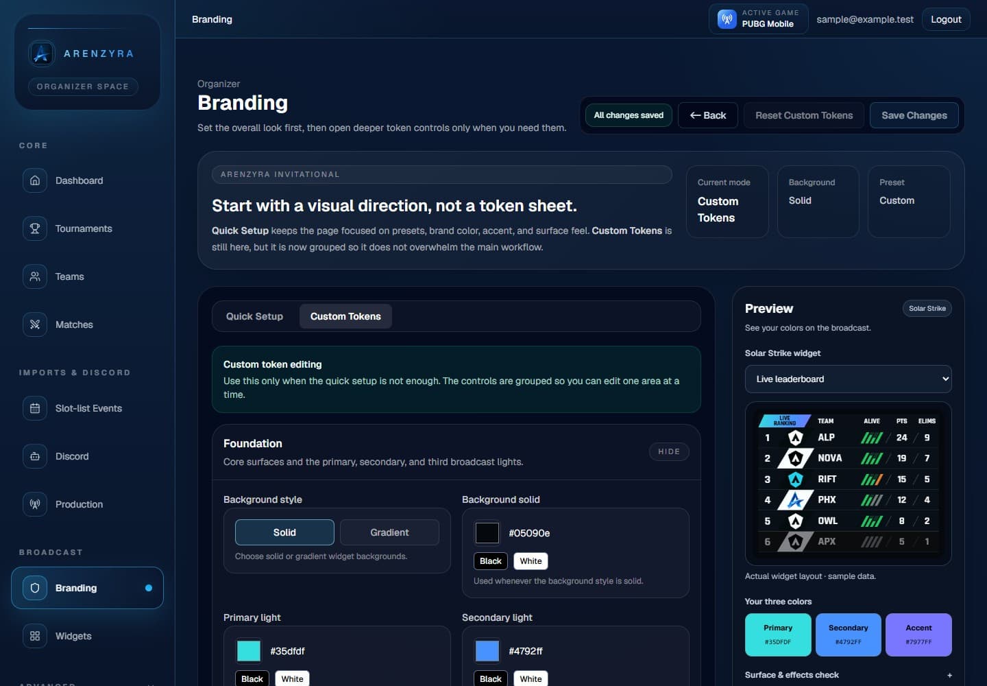 Arenzyra branding workspace showing color controls and a Solar Strike leaderboard preview with fictional sample data